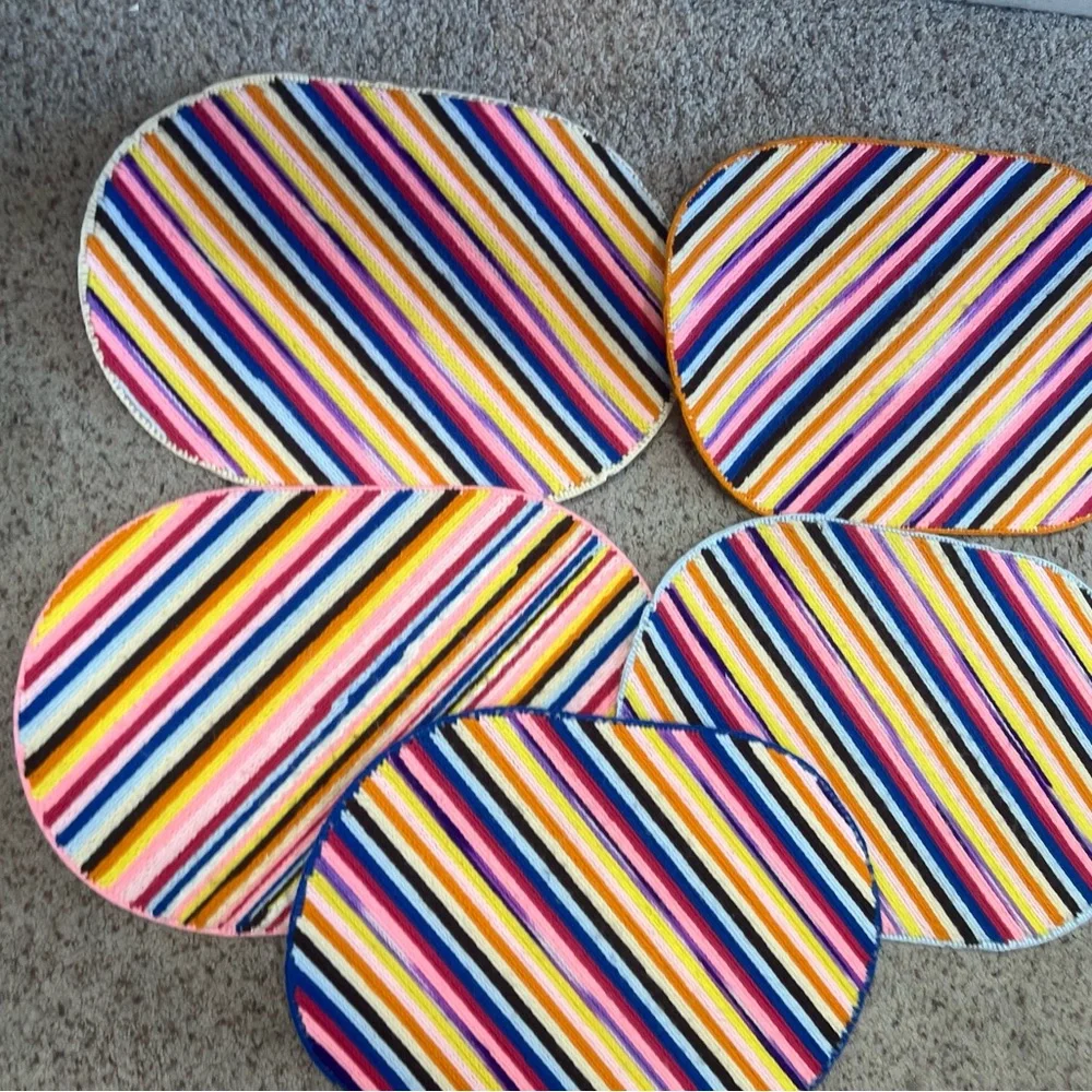 Vintage Set Of 5 Oval Stripes  Rainbow  Cotton Crochet Placemats  Set 1980s‎